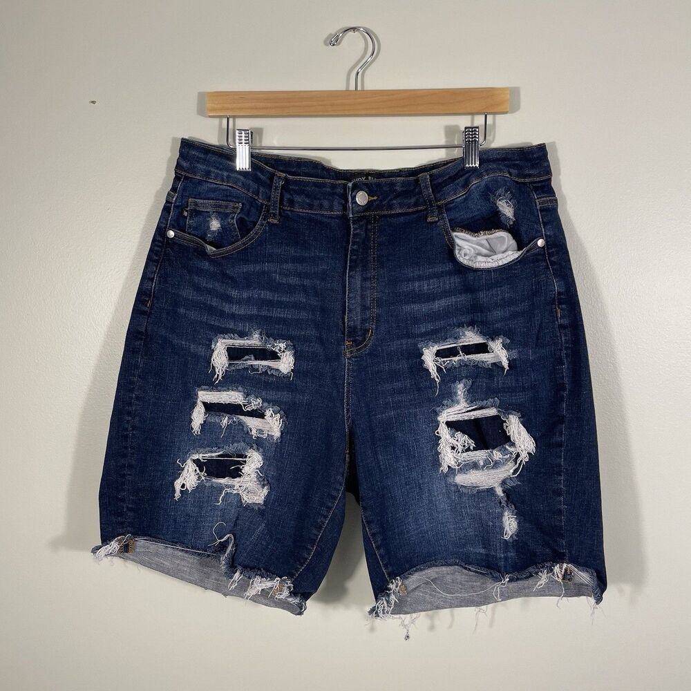 Judy Blue Distressed Denim Bermuda Shorts Dark Wash Blue Cotton Blend Size 3XL